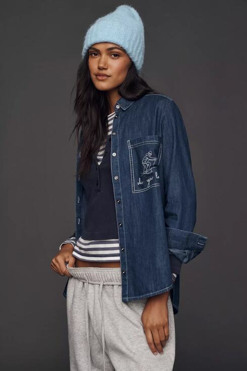 Anthropologie Tops - nwt ANTHROPOLOGIE PILCRO sz XL "ski you later" Denim buttondown